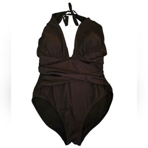 La Blanca Black One Piece Retro Sexy Vacation Halter Top Swimsuit, Size 12